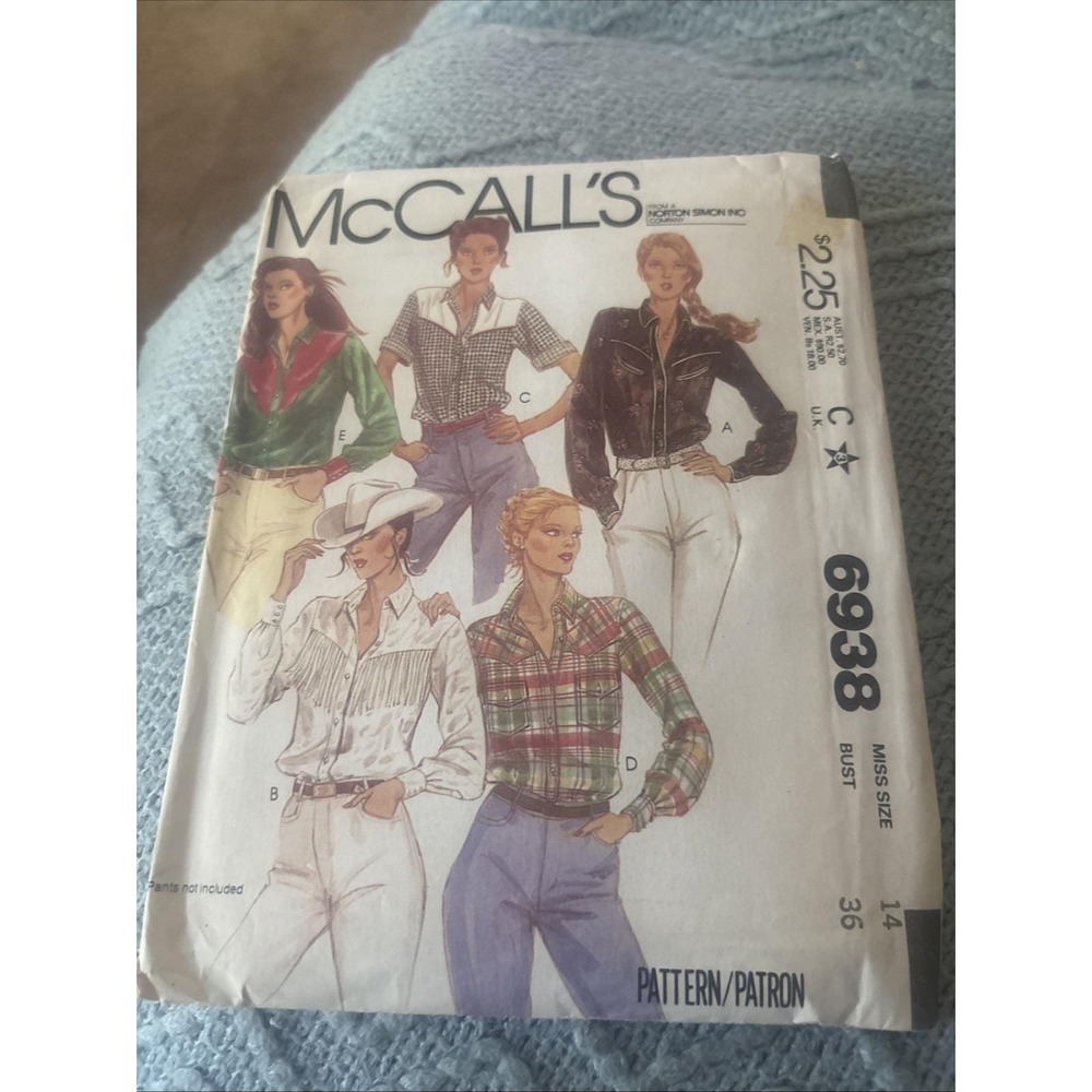 McCall's - 6938 - Size 14 /36 - Misses' Button Down Yoked Shirt - Sew 1980 Uncut